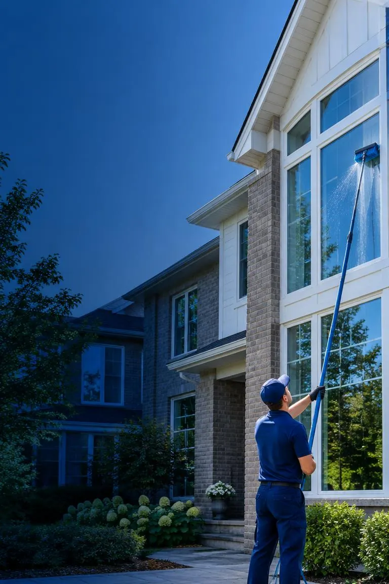GOAT Window Cleaning professional cleaning the upper windows of a modern home in London, Ontario